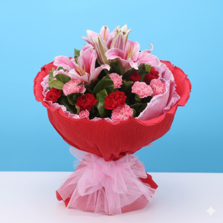 Red and Pink Carnations with Pink Lilies in Red Packing Red and Pink Carnations with Pink Lilies in Red Packing