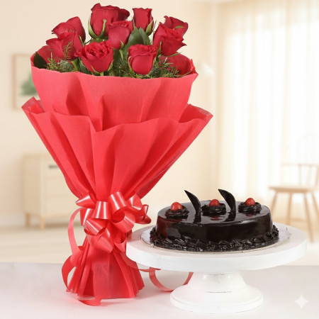 Red Roses With Cake Standard