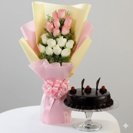Pink & White Roses & Truffle Cake 1/2 Kg