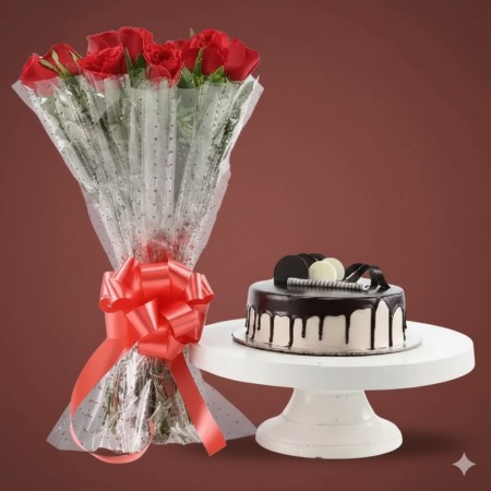 Red Roses And Chocolate Cake Combo Standard 