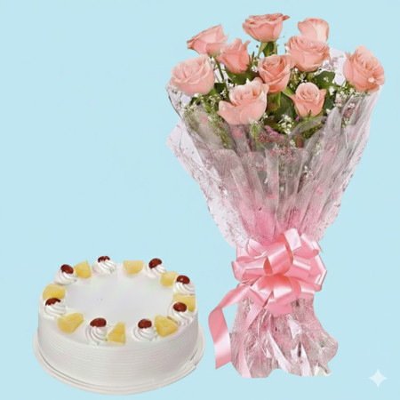 10 Pink Roses With Pineapple Cake Standard 1/2 Kg
