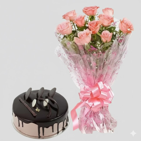 Pink Roses And Chocolate Cake Combo Standard 